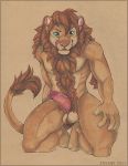  2017 4_toes 5_fingers anthro anyare arm_hair ball_tuft balls biceps biped body_hair border brown_background brown_fur brown_hair brown_mane brown_tail brown_theme claws erection feline front_view full-length_portrait fur glans green_eyes hair hairy hand_on_thigh handpaw happy_trail humanoid_hands humanoid_penis inner_ear_fluff kneeling licking licking_lips lion looking_at_viewer male mammal mane mane_hair marker_(artwork) mixed_media multicolored_fur muscular muscular_male muzzle_scabs nude pawpads paws pecs pen_(artwork) penis pink_nose pink_pawpads pink_penis portrait precum precum_drip red_glans simple_background smile snout solo tail_tuft tan_balls tan_fur tan_tail toe_claws toes tongue tongue_out traditional_media_(artwork) tuft two_tone_fur two_tone_tail whiskers 