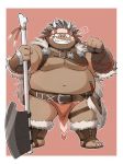  2018 anthro belly boar brown_fur clothing fur horn humanoid_hands kinoshita-jiroh loincloth male mammal moobs navel nipples overweight overweight_male porcine solo tusks weapon 