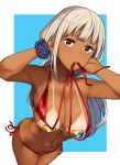 armpits arms_up bangs bikini bikini_tan blue_background blush border breasts cleavage closed_mouth collarbone commentary_request covered_nipples from_above front-tie_bikini front-tie_top grey_hair hai_ookami highres large_breasts long_hair looking_at_viewer mouth_hold navel original outside_border pasties red_bikini red_eyes red_ribbon ribbon scrunchie side-tie_bikini sidelocks simple_background smile solo stomach string_bikini swimsuit tan tanline thighs untied untied_bikini white_border wrist_scrunchie 