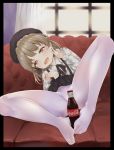  :d absurdres beret black_hat black_skirt blurry blurry_background brown_eyes brown_hair coke coke_bottle collared_shirt couch crotch_seam curtains day depth_of_field fangs feet fingernails hat hatoba_tsugu hatoba_tsugu_(character) heart heart-shaped_pupils highres indoors leaning_to_the_side lifted_by_self long_hair long_sleeves looking_at_viewer mikawa_sansen no_shoes on_couch open_mouth panties panties_under_pantyhose pantyhose pleated_skirt sexually_suggestive shirt skirt skirt_lift smile solo sunlight suspender_skirt suspenders symbol-shaped_pupils toes underwear v virtual_youtuber white_legwear white_shirt window 