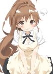  1girl annoyed apron black_skirt blush breasts brown_eyes brown_hair cleavage clenched_hands large_breasts long_hair looking_at_viewer peko ponytail shirt simple_background skirt solo taneshima_popura upper_body very_long_hair white_background white_shirt working!! 