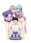  2girls :/ bare_legs barefoot black_hair blue_hair commentary_request elbow_rest floral_print full_body girl_sandwich grin hair_tubes hamada_yoshikazu hand_on_hip hands_on_own_knees highres hikimayu japanese_clothes kagami_kazuya kimono kiriha_(tsugumomo) kyouka_(tsugumomo) legs looking_at_another looking_down multiple_girls nail_polish obi official_art pillow pleated_skirt print_kimono purple_eyes purple_hair red_eyes sandwiched sash seiza short_kimono simple_background sitting skirt smile thigh_gap toenail_polish toenails tsugumomo white_background wide-eyed 