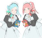  apron blue_eyes blue_hair doritos felicia_(fire_emblem_if) fire_emblem fire_emblem_if flora_(fire_emblem_if) food jivke long_hair maid maid_apron maid_headdress mountain_dew multiple_girls pink_hair ponytail simple_background smile twintails 