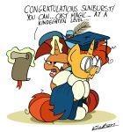  2018 bobthedalek degree dialogue english_text equine eyewear female friendship_is_magic glasses graduation graduation_robe horn hug male mammal mortarboard mother mother_and_son my_little_pony parent son stellar_flare_(mlp) sunburst_(mlp) text unicorn 