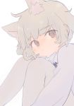  animal_ear_fluff animal_ears bangs blush brown_eyes closed_mouth collared_shirt eyebrows_visible_through_hair grey_legwear hatoba_tsugu hatoba_tsugu_(character) head_tilt highres kemonomimi_mode light_brown_hair long_sleeves looking_at_viewer looking_to_the_side mole mole_under_eye pantyhose sha2mo shirt simple_background sitting solo virtual_youtuber white_background white_shirt 