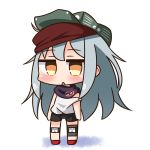  :&lt; bangs bike_shorts black_shorts blush brown_eyes chibi commentary_request eyebrows_visible_through_hair flat_cap full_body g11_(girls_frontline) girls_frontline green_hat hair_between_eyes hana_kazari hat long_hair looking_at_viewer parted_lips red_footwear short_shorts shorts silver_hair solo standing strap_slip tank_top triangle_mouth very_long_hair white_background white_tank_top 