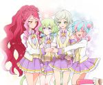  4girls aikatsu! aikatsu!_(series) aikatsu_stars! bangs blue_hair bow braid double_bun drill_hair elza_forte eyebrows_visible_through_hair flower futaba_aria green_eyes green_hair hair_between_eyes hair_flower hair_ornament hanazono_kirara hand_holding kizaki_rei leg_up long_hair looking_at_another multicolored_hair multiple_girls open_mouth pink_hair popoin school_uniform short_hair simple_background skirt smile twin_drills twintails venus_ark_uniform white_background yellow_eyes 