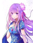  bangle bangs bracelet breasts eyebrows_visible_through_hair fate/grand_order fate_(series) flower gem gold_trim hair_flower hair_ornament hair_ribbon indian_clothes jewelry large_breasts long_hair lotus matou_sakura open_mouth parted_bangs parvati_(fate/grand_order) patterned_clothing purple_eyes purple_hair red_ribbon ribbon ruria shiny shiny_hair short_sleeves simple_background solo very_long_hair white_background 