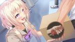  1girl blonde_hair blush bow bowtie box breasts censored cum cum_on_hands game_cg h_de_hajimaru_share_house handjob highres indoors long_hair looking_at_another mashiro_rina mochizuki_nozomu mosaic_censoring naughty_face open_mouth original penis purple_eyes school school_uniform shoes small_breasts smile sneakers solo_focus standing twintails upper_body x-ray 