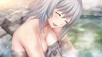 1girl areola_slip areolae blush breasts covering covering_nipples eyes_closed game_cg grey_hair h_de_hajimaru_share_house happy highres kagami_touka large_breasts mochizuki_nozomu onsen open_mouth original outdoors partially_submerged shiny shiny_skin short_hair silver_hair sitting smile solo steam towel upper_body water wet white_towel 