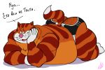  2018 anthro ass_up bedroom_eyes belly biceps big_belly big_butt bobthetanuki body_hair butt cat clothing countershade_torso countershading dialogue digital_drawing_(artwork) digital_media_(artwork) feline full-length_portrait fur hairy_butt half-closed_eyes humanoid_hands jockstrap looking_at_viewer lying male mammal markings mostly_nude multicolored_fur on_front orange_fur overweight overweight_male pink_nose portrait pubes russian_text seductive short_tail signature simple_background smile solo striped_fur stripes text the_return_of_the_prodigal_parrot thick_thighs underwear vasilij whiskers white_fur 