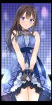  :&lt; bare_shoulders blue_eyes blush brown_hair collarbone dress eternal_bloom_(idolmaster) gloves holding_dress idolmaster idolmaster_cinderella_girls idolmaster_cinderella_girls_starlight_stage long_hair looking_at_viewer nakajima_yuka necktie shibuya_rin simple_background solo sweatdrop white_background 