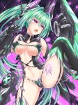  bare_shoulders boots breasts claws cleavage commentary_request elbow_gloves gloves green_hair green_heart green_heart_(chaos_form) headgear highres kazuneko_(wktk1024) large_breasts long_hair looking_to_the_side navel nepnep_connect:_chaos_chanpuru neptune_(series) open_mouth ponytail power_symbol purple_eyes solo standing standing_on_one_leg symbol-shaped_pupils tattoo thigh_boots thighhighs very_long_hair 