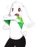  2016 asriel_dreemurr clothing cute_fangs looking_at_viewer male mmmentha navel nipples pants red_eyes shirt solo swear undertale undressing video_games young 