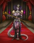  2018 4_toes anthro big_breasts breasts carpet cleavage clothed clothing cobra crown digital_media_(artwork) female fire fur green_eyes inside legwear link2004 pink_skin purple_skin queen reptile royalty scalie snake snake_hood solo stairs standing stockings toes venora_(epicdragon55) 