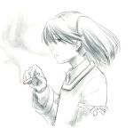  cigarette commentary_request kantai_collection looking_to_the_side no_hat no_headwear ryuujou_(kantai_collection) simple_background sketch smoke smoking solo taruhi traditional_media twintails 