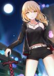  artist_name artoria_pendragon_(all) belt black_jacket black_ribbon black_shirt black_shorts blonde_hair collarbone dark_excalibur eyebrows_visible_through_hair fate/grand_order fate_(series) floating_hair from_below full_moon hair_between_eyes hair_ribbon hand_in_pocket hand_on_hilt highres jacket jewelry kumei lens_flare long_hair looking_at_viewer moon necklace night off_shoulder open_clothes open_jacket outdoors parted_lips ponytail ribbon saber_alter shirt short_shorts shorts sky sleeveless sleeveless_shirt solo standing star_(sky) starry_sky yellow_eyes 