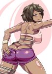  1girl ass ass_grab bare_shoulders blush breasts brown_eyes brown_hair butt_crack creatures_(company) dark_skin deep_skin from_behind game_freak huge_ass large_breasts looking_at_viewer lychee_(pokemon) nintendo pokemon pokemon_(game) pokemon_sm shiny shiny_clothes shiny_hair shiny_skin short_hair sideboob smile solo spline tanktop thigh_strap 