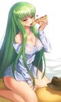  bangs blush breasts brown_hat c.c. cheese cheese-kun cheese_trail cleavage code_geass collarbone collared_shirt commentary covered_nipples eating english_commentary eyebrows_visible_through_hair food green_hair hand_up hat heart holding holding_pizza long_hair long_sleeves looking_at_viewer naked_shirt no_bra off_shoulder partially_unbuttoned pepperoni pizza potato_(sksnabi) saliva saliva_trail see-through shirt sidelocks simple_background single_bare_shoulder sitting slice_of_pizza solo spoken_heart straddling straight_hair thighs tongue tongue_out unbuttoned unbuttoned_shirt vegetable very_long_hair white_background white_shirt yellow_eyes 