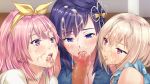  3girls blonde_hair blue_eyes blurry blurry_background blush breasts censored cleavage cum cum_in_mouth cum_on_hair facial fellatio game_cg h_de_hajimaru_share_house hair_between_eyes hair_ornament hair_ribbon harem highres indoors komatsuzaki_aya large_breasts licking long_hair mashiro_rina matching_hair/eyes mochizuki_nozomu mosaic_censoring multiple_girls open_mouth oral original penis pink_eyes pink_hair pov purple_eyes purple_hair ribbon short_hair tongue tongue_out tougou_kazane upper_body 