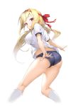  blonde_hair blue_buruma breasts buruma commentary_request from_behind gym_uniform headband highres kneehighs kneepits legs long_hair looking_back midriff open_mouth original outstretched_arms red_eyes rekareka shirt simple_background thighs white_background white_legwear white_shirt 