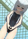  bangs bare_arms bare_shoulders blue_eyes blurry blurry_background blush collarbone competition_swimsuit depth_of_field dutch_angle eyebrows_visible_through_hair fence frown groin hair_between_eyes heart heart_hands hibiki_(kantai_collection) highleg highleg_swimsuit highres kantai_collection long_hair nose_blush one-piece_swimsuit shiny shiny_skin shiruhino silver_hair solo swimsuit wet 