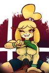  2018 animal_crossing anthro bell big_breasts blonde_hair breasts canine cleavage clothed clothing clothing_lift erection hair isabelle_(animal_crossing) mammal nintendo shirt shirt_lift super_smash_bros super_smash_bros._ultimate sweat video_games wolflance 