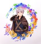  arm_behind_back artist_name belt brown_cape brown_eyes commentary_request eyebrows_visible_through_hair flower hand_up highres long_sleeves looking_at_viewer mabinogi male_focus monet930 silver_hair simple_background smile standing 