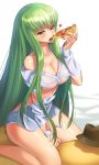  bangs blush breasts brown_hat c.c. cheese cheese-kun cheese_trail cleavage code_geass collarbone collared_shirt commentary covered_nipples eating english_commentary eyebrows_visible_through_hair food green_hair hand_up hat heart holding holding_pizza long_hair long_sleeves looking_at_viewer naked_shirt no_bra off_shoulder partially_unbuttoned pepperoni pizza potato_(sksnabi) revealing_cutout see-through shirt sidelocks simple_background single_bare_shoulder sitting slice_of_pizza solo spoken_heart straddling straight_hair thighs tongue tongue_out unbuttoned unbuttoned_shirt underboob vegetable very_long_hair white_background white_shirt yellow_eyes 