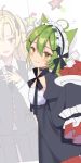  :3 ahoge akashi_(azur_lane) animal_ears azur_lane blonde_hair blush cat_ears choker cleveland_(azur_lane) closed_mouth eyebrows_visible_through_hair gem green_hair hair_ornament highres izumo_neru long_hair looking_at_viewer maid_headdress multiple_girls plate smile x_hair_ornament yellow_eyes 