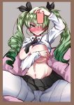  1girl anchovy artist_request black_ribbon blush breasts cleavage covering covering_breasts curvy drill_hair eyebrows_visible_through_hair female full-face_blush girls_und_panzer green_hair hair_ribbon large_breasts long_hair looking_at_viewer naughty_face partially_visible_vulva red_eyes ribbon school_uniform shiny shirt shirt_lift sitting smile solo twin_drills twintails 