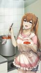  absurdres apron blue_eyes breasts brown_hair collarbone cooking copyright_name cowboy_shot highres huke kitchen ladle long_hair looking_at_viewer makise_kurisu medium_breasts official_art open_mouth ponytail pot ribbed_sweater saucer short_shorts short_sleeves shorts smile solo soup_ladle standing steins;gate sweater watermark 