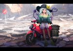  alternate_costume bare_shoulders black_hat bow commentary_request full_body green_shirt ground_vehicle hat heart heart_of_string komeiji_koishi looking_at_viewer minibike motor_vehicle motorcycle onion_(onion_and_pi-natto) road_sign shade shirt shorts shoulder_cutout sign solo third_eye touhou valley white_shorts yellow_bow 
