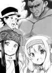  2girls absurdres ainu ainu_clothes asirpa bandana berserker commentary crossover dark_skin dark_skinned_male facial_scar fate/grand_order fate_(series) fur_collar golden_kamuy greyscale hair_tie hat headband highres illyasviel_von_einzbern long_hair looking_at_viewer military_hat monochrome multiple_boys multiple_girls scar shibakame short_hair sidelocks sitonai sugimoto_saichi 