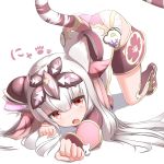 :o animal_ears ass bangs blunt_bangs boots eyebrows_visible_through_hair fang full_body hair_ornament haku_(p&amp;d) highres lilium0235 long_hair looking_at_viewer multicolored_hair open_mouth paw_pose paw_print puzzle_&amp;_dragons red_eyes red_hair simple_background solo tail tiger_tail translated two-tone_hair white_background white_hair 