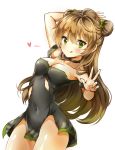  arm_up bangs bare_arms bare_shoulders black_choker black_dress blush bow breasts brown_hair choker cleavage closed_mouth collarbone commentary covered_navel double_bun dress dutch_angle eyebrows_visible_through_hair fingernails girls_frontline green_bow green_eyes hair_between_eyes hair_bow hand_up heart licking_lips long_hair looking_at_viewer medium_breasts melings_(aot2846) rfb_(girls_frontline) side_bun simple_background sleeveless sleeveless_dress smile solo strap_slip tongue tongue_out torn_clothes torn_dress very_long_hair w white_background 