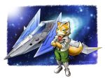  2018 anthro arwing brown_fur canine clothing dipstick_tail fox fox_mccloud fur gloves green_eyes male mammal multicolored_tail nintendo solo star_fox video_games white_fur さよよん 