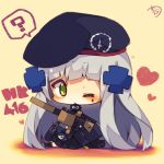  ? assault_rifle bangs beret black_legwear black_skirt blue_hat blue_jacket blush character_name chibi commentary_request eyebrows_visible_through_hair facial_mark girls_frontline gloves green_eyes green_footwear gun hair_ornament hat heart heckler_&amp;_koch highres hk416 hk416_(girls_frontline) holding holding_gun holding_weapon jacket long_hair long_sleeves looking_at_viewer muuran object_namesake one_eye_closed parted_lips pleated_skirt rifle signature silver_hair sitting skirt solo spoken_question_mark thighhighs very_long_hair weapon white_gloves 