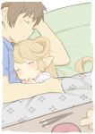  1boy 1girl blonde_hair brown_hair charlotta_fenia chopsticks eyes_closed from_above gran_(granblue_fantasy) granblue_fantasy harvin hug kotatsu long_hair pointy_ears sleeping table walkalone 