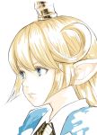  1girl blonde_hair blue_eyes charlotta_fenia frown granblue_fantasy hair_between_eyes harvin long_hair looking_up pointy_ears portrait serious simple_background solo walkalone white_background 