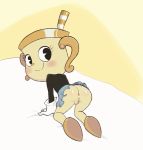  all_fours anus black_eyes blush butt clitoris clothing cuphead_(game) female footwear full_body gloves hi_res looking_back ms._chalice no_underwear not_furry pussy rear_view sake_(pixiv) shirt shoes skirt smile solo straw video_games 