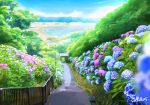  bad_id bad_pixiv_id beach blue_sky blurry bush commentary_request day depth_of_field flower foliage highres house hydrangea landscape mountain no_humans ocean original outdoors railing sachiko15 scenery signature sky stairs tree 
