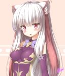  alternate_hairstyle animal_ears artist_name bangs bare_shoulders blush breasts eyebrows_visible_through_hair eyes_visible_through_hair fang hair_down haku_(p&amp;d) highres impossible_clothes lilium0235 long_hair looking_at_viewer medium_breasts multicolored_hair open_mouth puzzle_&amp;_dragons red_eyes red_hair signature simple_background solo tiger_ears two-tone_hair white_hair 