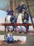  bird blue_sky commentary_request day fantasy hat highres looking_at_viewer no_humans original osafune_ai outdoors penguin railing rope royal_navy sails ship shirt sitting sky sleeping standing striped striped_shirt watercraft 