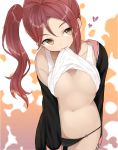  alternate_hairstyle black_legwear breasts brown_eyes cameltoe eyebrows_visible_through_hair heart long_hair looking_away love_live! love_live!_sunshine!! medium_breasts mouth_hold navel no_bra o-ring o-ring_bottom o-ring_panties panties red_hair sakasa_(guranyto) sakurauchi_riko side_ponytail solo tank_top tank_top_lift underboob underwear white_tank_top 