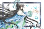  bangs black_hair blue_cape blue_eyes bubble cape floating_hair frame houshin_engi jewelry long_hair open_hands outside_border outstretched_arms outstretched_hand palms profile ring ryuukitsu_koushu simple_background solo tayana_(ddxc8574) very_long_hair white_background 