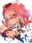  1girl anpan bad_id bad_twitter_id bowl chopsticks eating food food_in_mouth food_on_head haori highres hime_(splatoon) holding holding_bowl holding_chopsticks japanese_clothes kashu_(hizake) long_sleeves looking_at_viewer medium_hair mole mole_under_mouth object_on_head oshiruko_(food) pink_eyes pink_hair short_eyebrows sideways_glance signature simple_background solo splatoon_(series) splatoon_2 tentacle_hair thick_eyebrows upper_body white_background wide_sleeves 