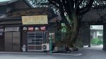  day door house kusakabe_(kusakabeworks) no_humans original outdoors plant potted_plant road scenery sign translation_request trash_can tree window 