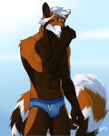  2018 5_fingers abs anthro athletic black_nose blue_background blurred_background briefs brown_fur brown_skin bulge clothing feralise fingerpads fur glowing glowing_eyes hair jakemi looking_aside looking_at_viewer male mammal muscular orange_eyes orange_fur orange_skin red_panda simple_background smile smirk solo standing underwear white_fur white_hair white_skin 