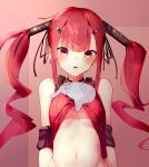  bangs blunt_bangs blush breasts commentary_request cz-75_(girls_frontline) girls_frontline hair_ornament hairclip long_hair looking_at_viewer navel open_mouth pov pov_hands red_eyes red_hair shirt small_breasts solo_focus sutaa_dasuto-kun sweatdrop twintails upper_body 